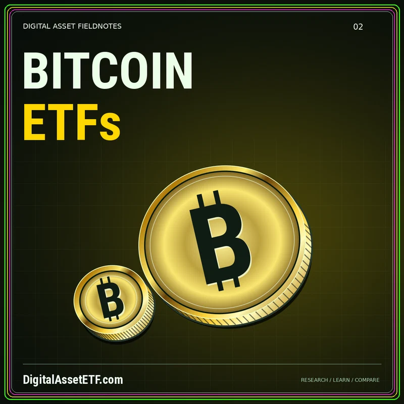 BITCOIN ETFs — metallic finance illustration with DigitalAssetETF.com branding