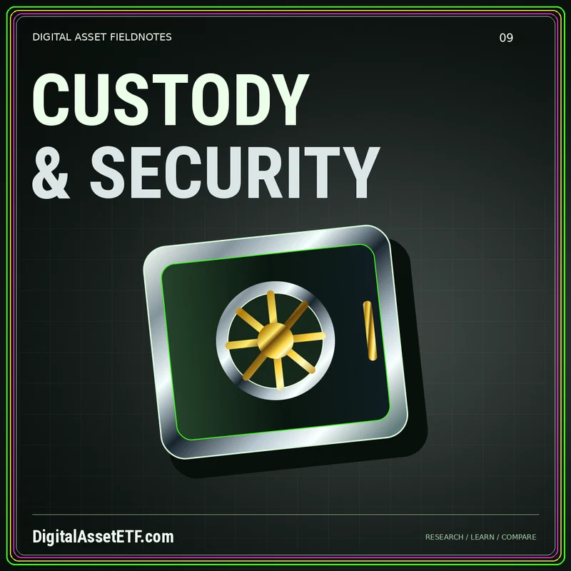 CUSTODY & SECURITY — metallic finance illustration with DigitalAssetETF.com branding