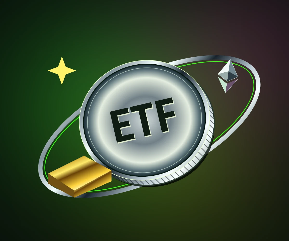 A metallic ETF coin encircled by chrome rings, with a gold bar and faceted ether symbol