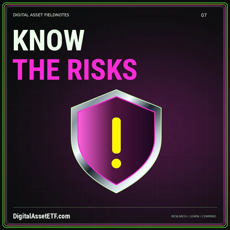 KNOW THE RISKS — metallic finance illustration with DigitalAssetETF.com branding
