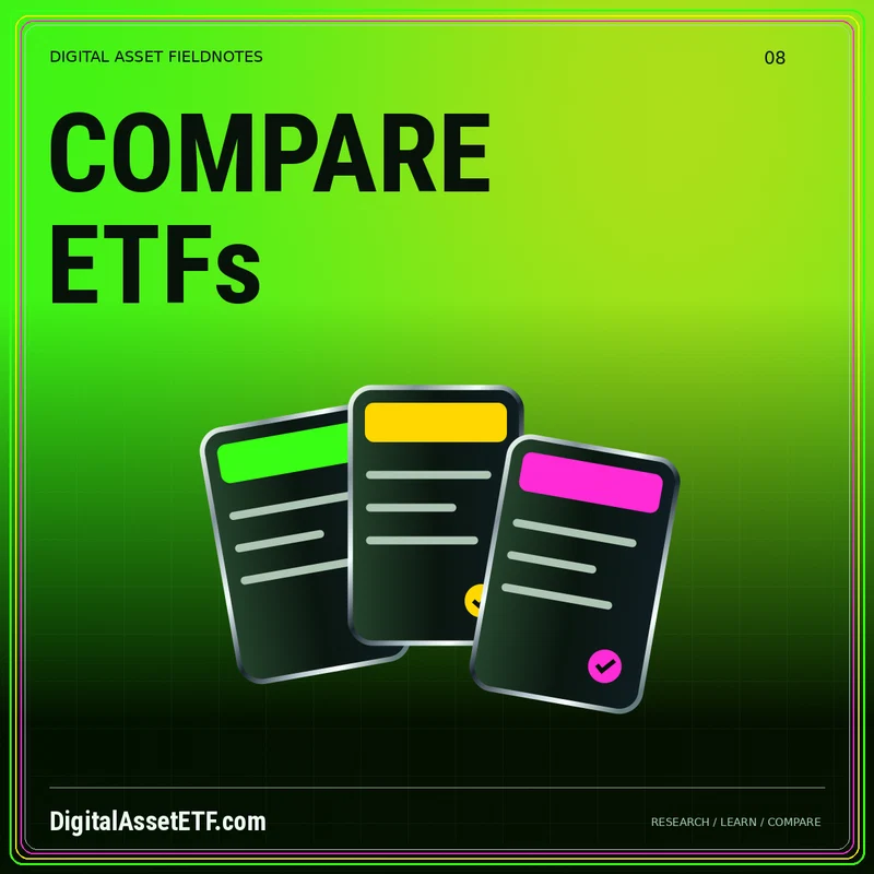 COMPARE ETFs — metallic finance illustration with DigitalAssetETF.com branding