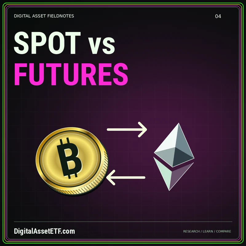 SPOT vs FUTURES — metallic finance illustration with DigitalAssetETF.com branding